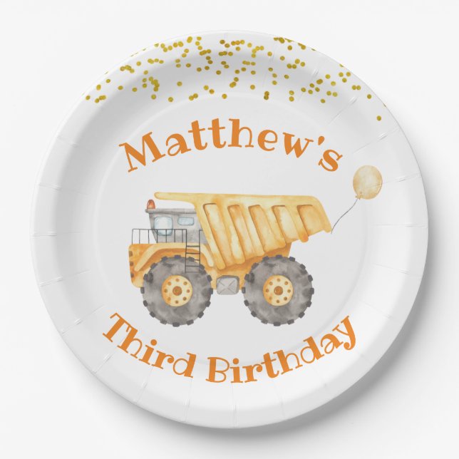 Yellow Construction Truck Birthday Paper Plate (Front)