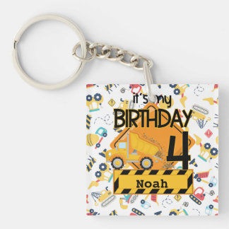 yellow construction truck car 4th birthday keychain