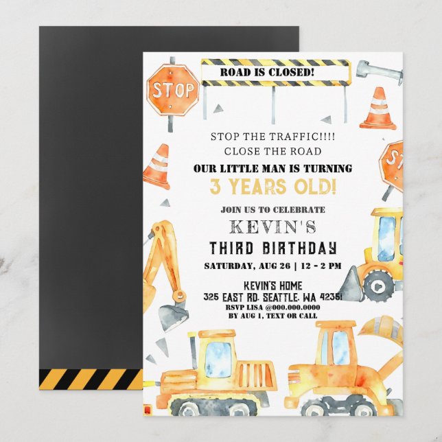 Yellow Construction Trucks Boy Birthday Party Invitation (Front/Back)