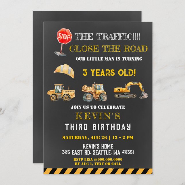 Yellow Construction Trucks Boy Birthday Party Invitation (Front/Back)