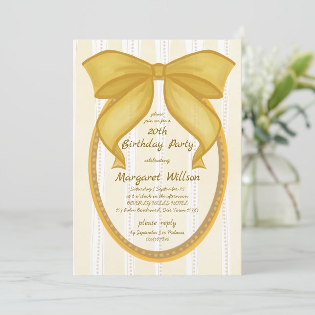 Yellow coquette retro stripes bow birthday party invitation (Standing Front)