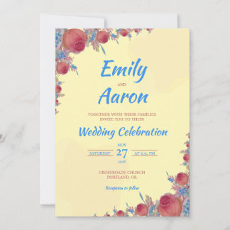 Yellow Coral Rose Boho Floral Watercolor Wedding Invitation