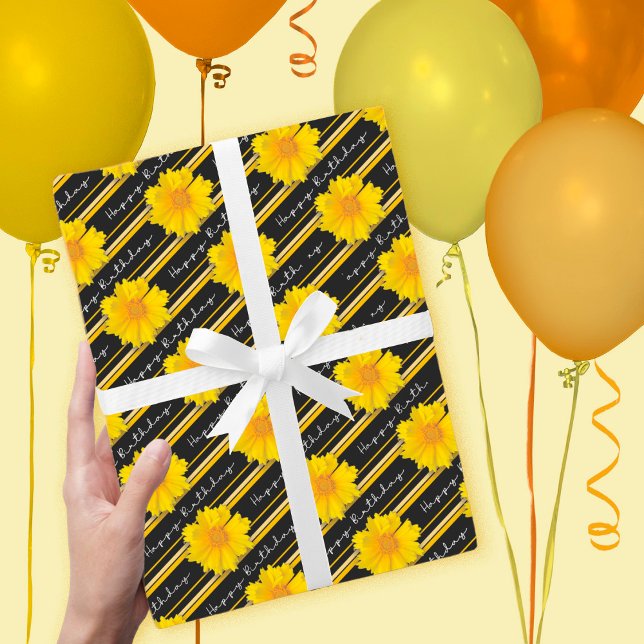 Yellow Coreopsis Flower Black Stripes Birthday Wrapping Paper Sheet (Creator Uploaded)