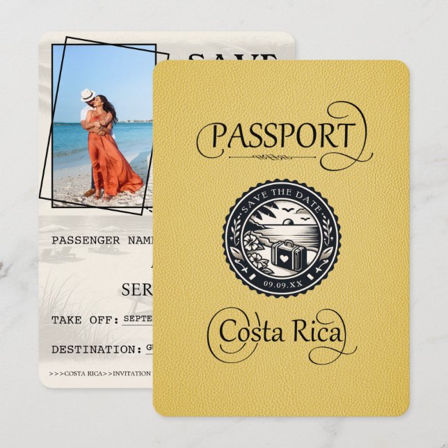 Yellow Costa Rica Passport Save The Date (Front/Back)