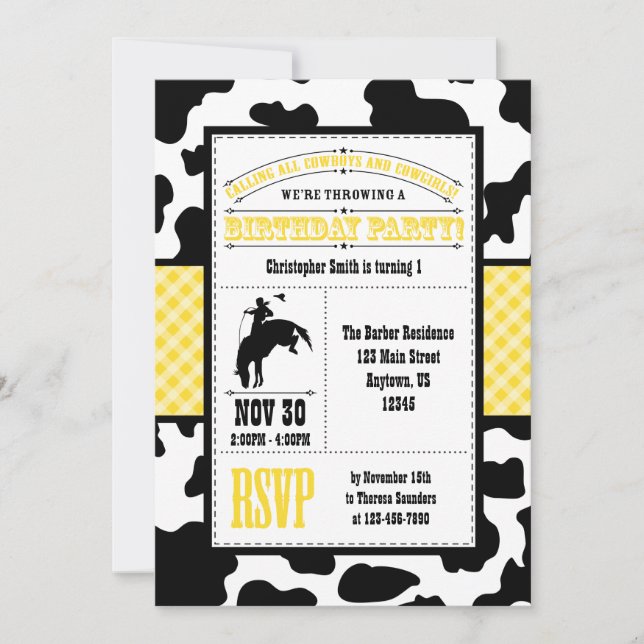 Yellow Cowhide Cowboy Birthday Invitation (Front)