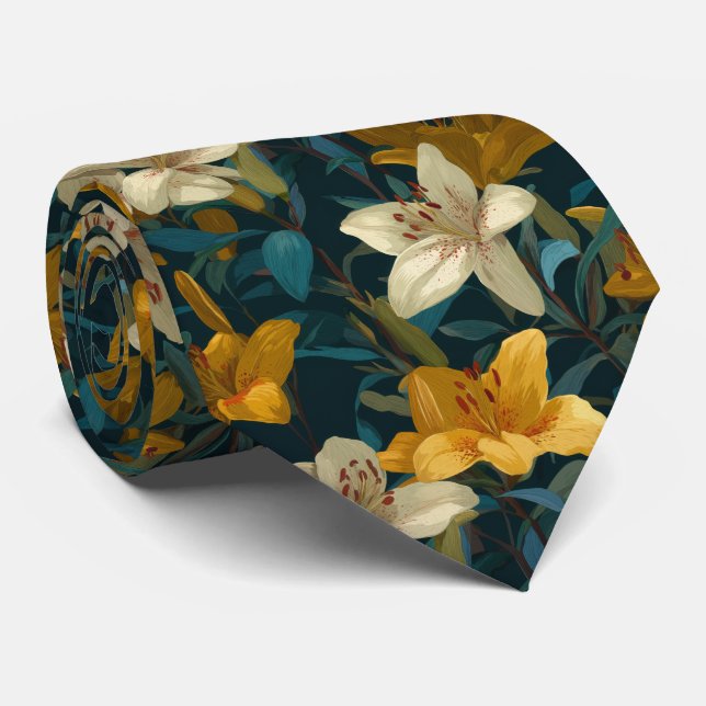 Yellow & Cream Lily Floral Pattern Tie (Rolled)