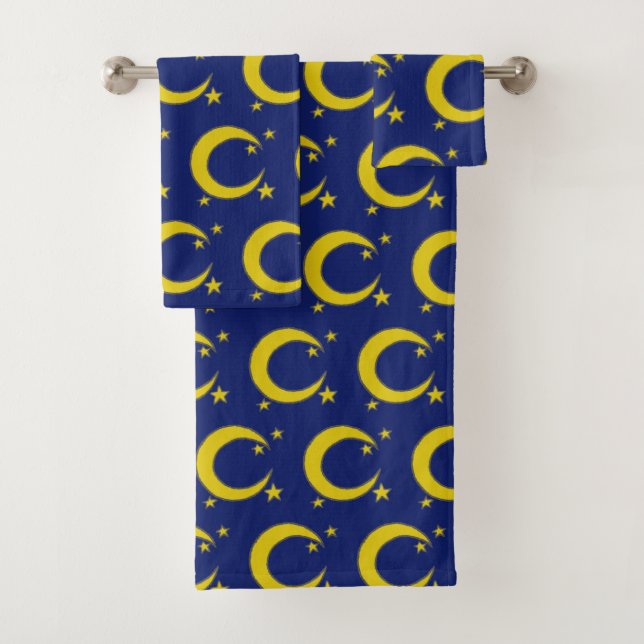 Yellow Crescent Moon Blue Night Sky Star Astronomy Bath Towel Set (Insitu)