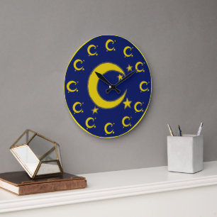 Yellow Crescent Moon Blue Night Sky Star Astronomy Large Clock