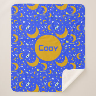 Yellow Crescent Moons shooting Star Space Rockets  Sherpa Blanket