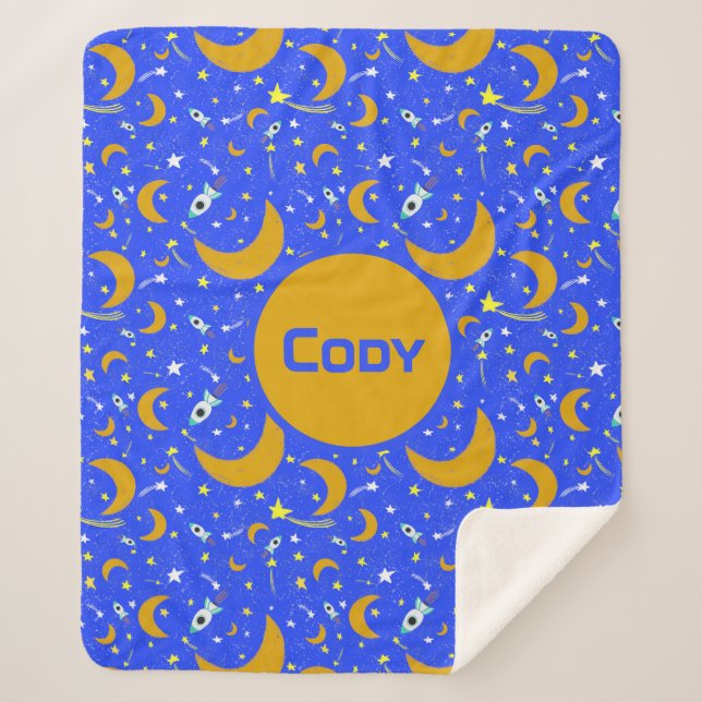 Yellow Crescent Moons shooting Star Space Rockets  Sherpa Blanket (Front)