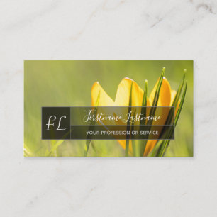 Yellow crocus blossom gray rectangle monogram business card