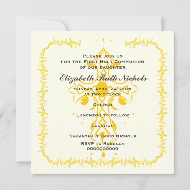 Yellow Cross First Communion Confirmation Invitation (Front)
