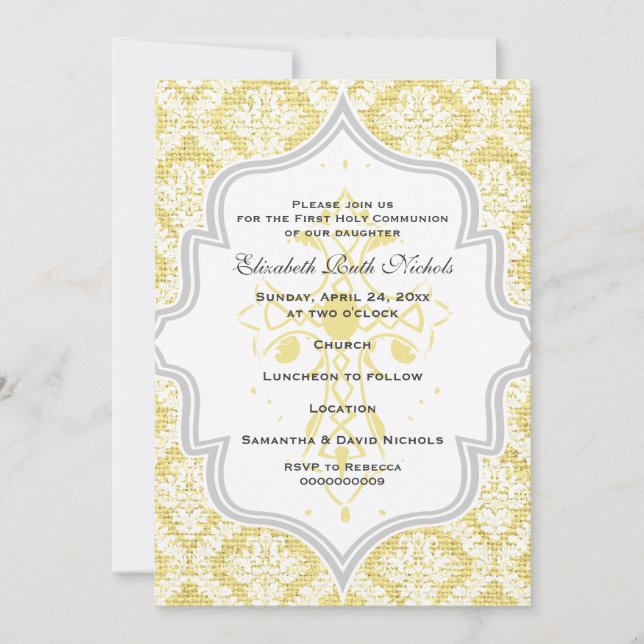 Yellow Cross white damask burlap First Communion Invitation (Front)
