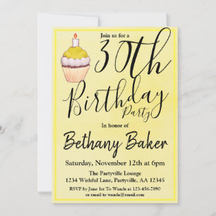 Yellow Cupcake Watercolor 30th Birthday Party Invitation