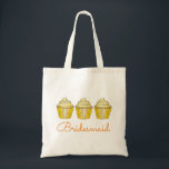 Yellow Cupcake Wedding Party Bridesmaid Gift Tote Bag<br><div class="desc">Canvas tote bag features an original marker illustration of a row of yellow frosted wedding cupcakes, with BRIDESMAID in a fun font. A unique bridal party gift! This design is also available on other products. Don't see what you're looking for? Need help with customization? Contact Rebecca to have something designed...</div>