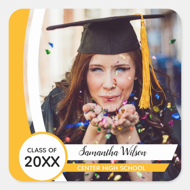 Yellow Curved Frame Photo Graduation Square Sticker (Front)