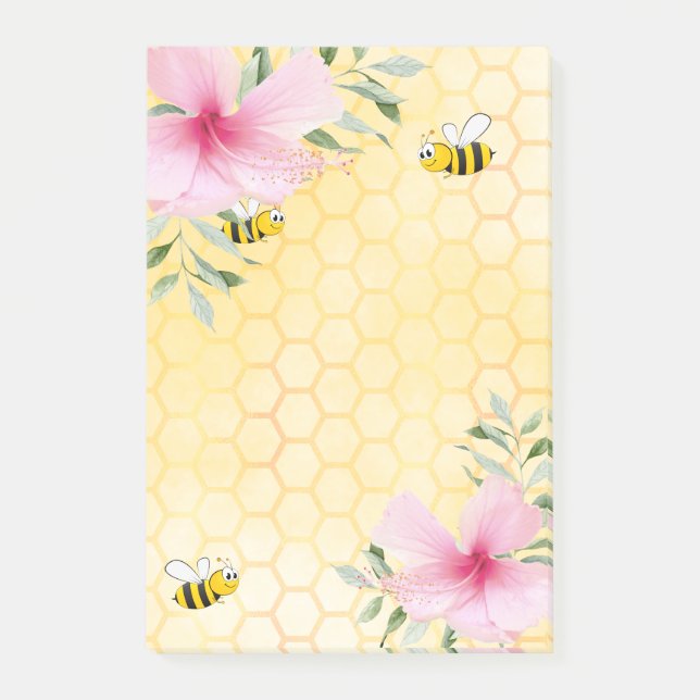 Yellow Cute bees pink tropical florals Post-it Notes (Front)
