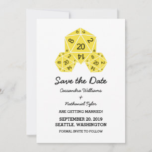 Yellow D20 Dice Save the Date Invite
