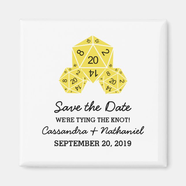 Yellow D20 Dice Save the Date Magnet (Front)