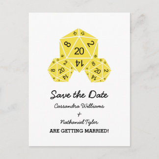 Yellow D20 Dice Save the Date Postcard