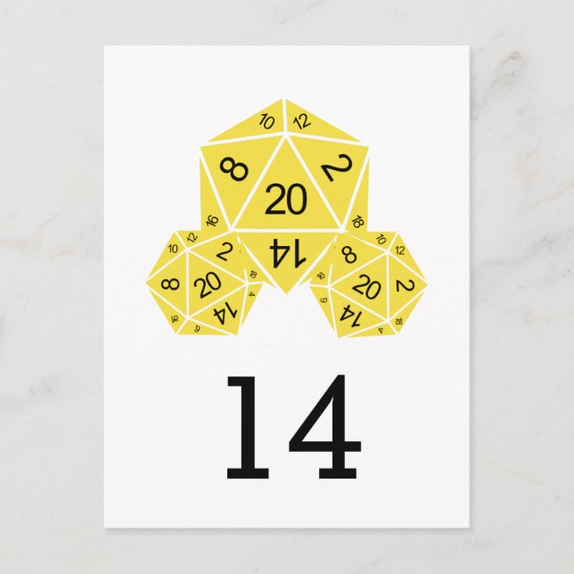 Yellow D20 Dice Table Number Postcard (Front)