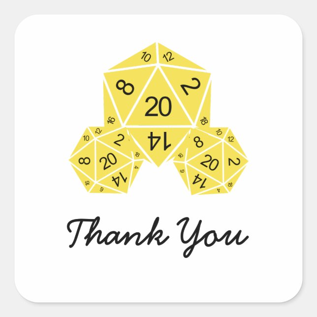 Yellow D20 Dice Thank You Stickers (Front)