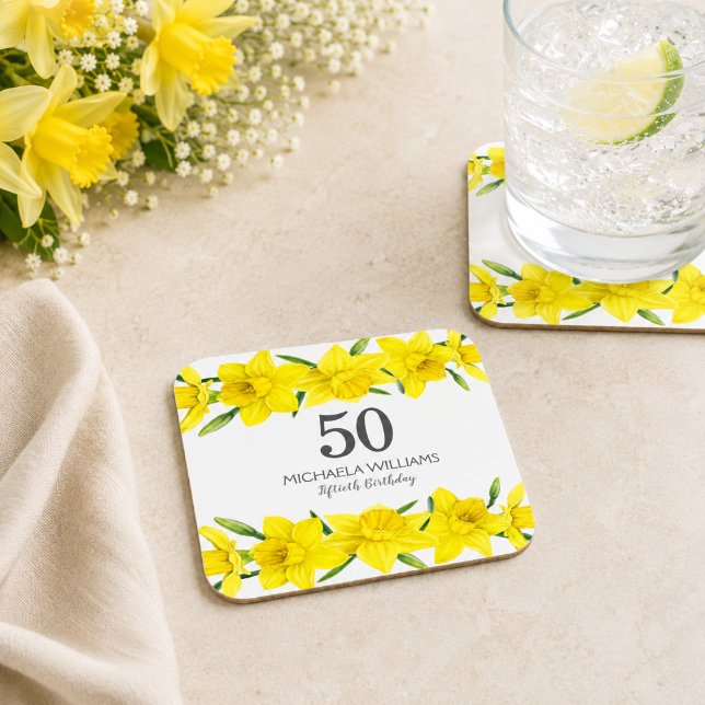 Yellow Daffodil 50th Birthday Party Personalized Square Paper Coaster (add name or other text to personalize.  Matching items available in collection)