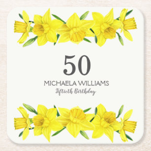 Yellow Daffodil 50th Birthday Square Paper Coaster