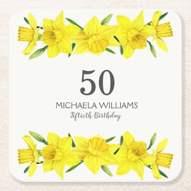 Yellow Daffodil 50th Birthday Square Paper Coaster (Front)