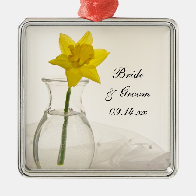 Yellow Daffodil and Pearls Wedding Metal Ornament (Front)