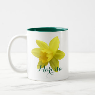 Yellow Daffodil Bloom Green Name Two-Tone Coffee Mug