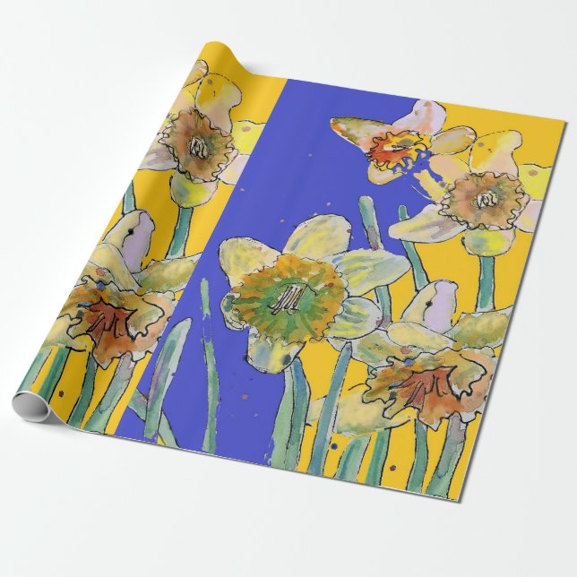 Yellow Daffodil Blue Spring flowers Watercolor Wrapping Paper (Unrolled)