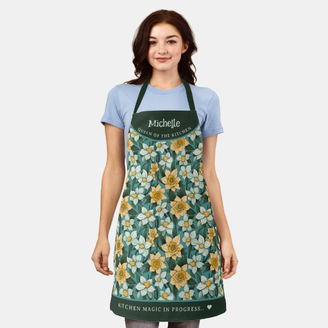Yellow daffodil botanical personalized apron (Worn)