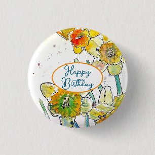Yellow Daffodil Daffodils flower Watercolor 1 Inch Round Button