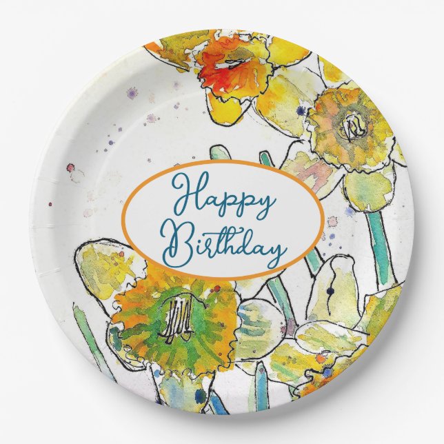 Yellow Daffodil Daffodils flower Watercolor Paper Plate (Front)