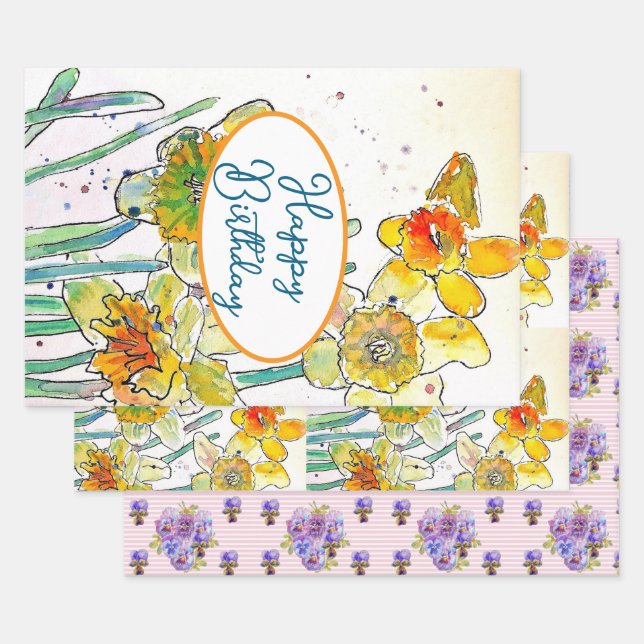 Yellow Daffodil Daffodils flower Watercolor Wrapping Paper Sheet (Set)