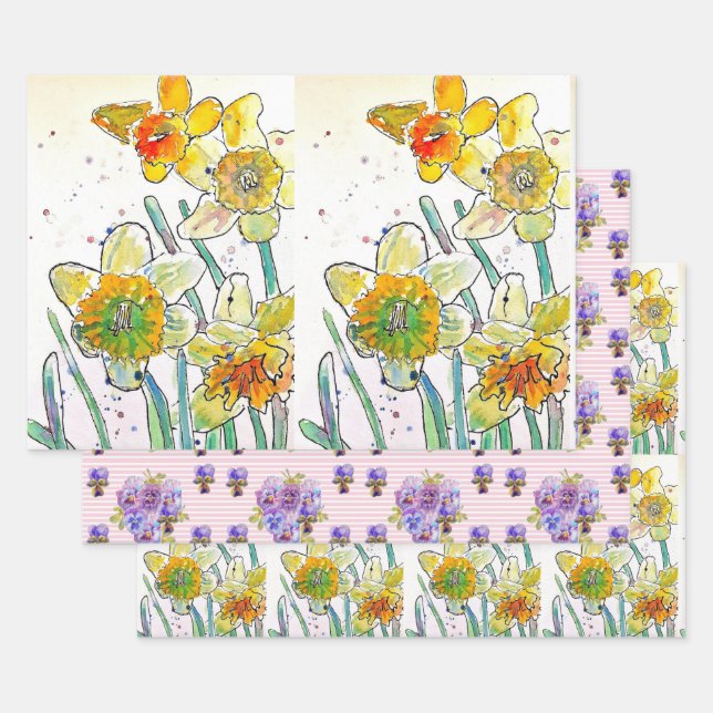 Yellow Daffodil Daffodils flower Watercolor Wrapping Paper Sheet (Set)