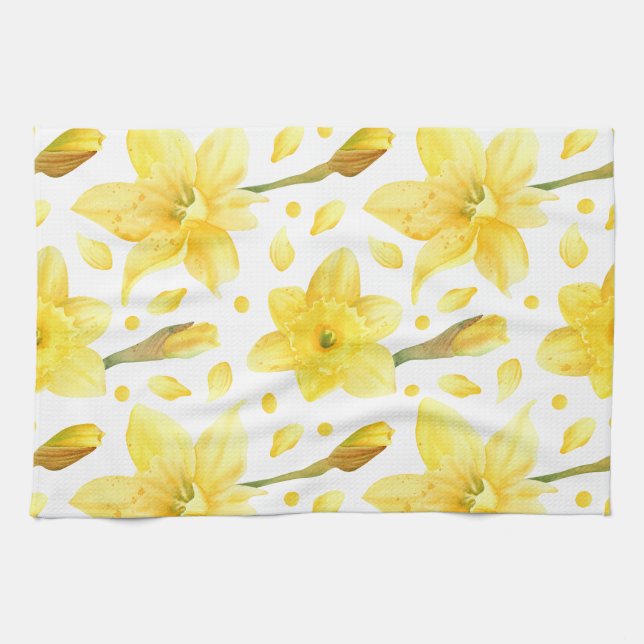 Yellow Daffodil Floral Spring Garden Pattern Kitchen Towel (Horizontal)