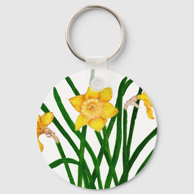 Yellow Daffodil Floral Watercolor Painting Keychain (Front)