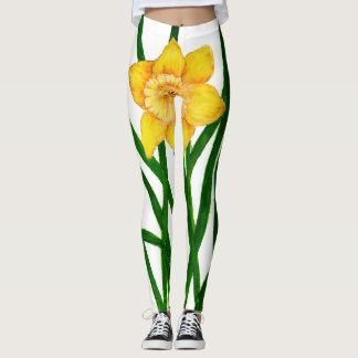 Yellow Daffodil Floral Watercolor Painting Leggings