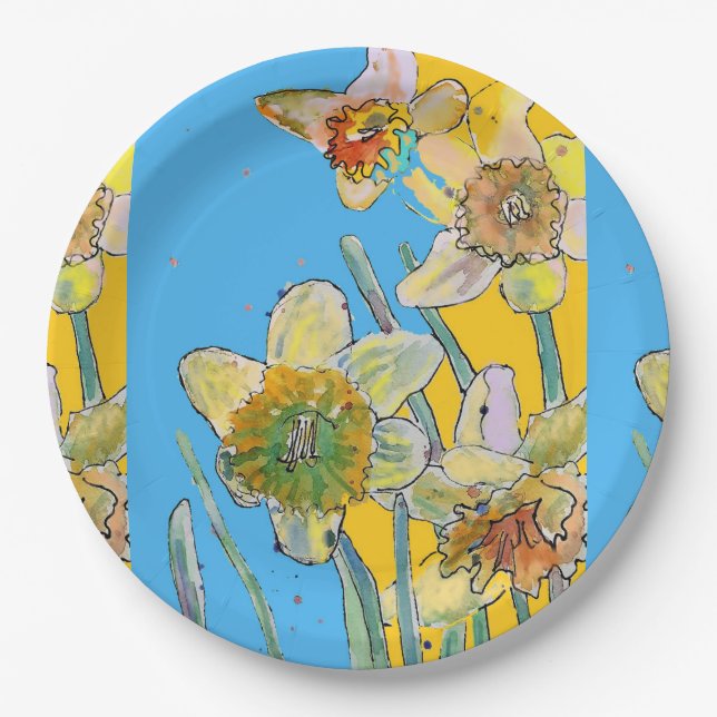 Yellow Daffodil Flower Painting Paper Party Plate (Front)