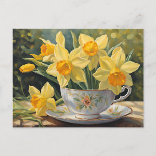 Yellow Daffodil Flowers in Vintage Tea Cup Postcard