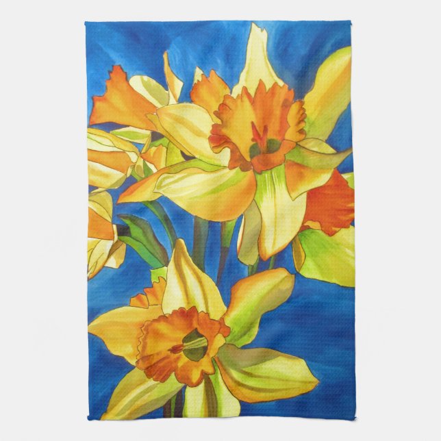 Yellow daffodil narcissus watercolour painting kitchen towel (Vertical)