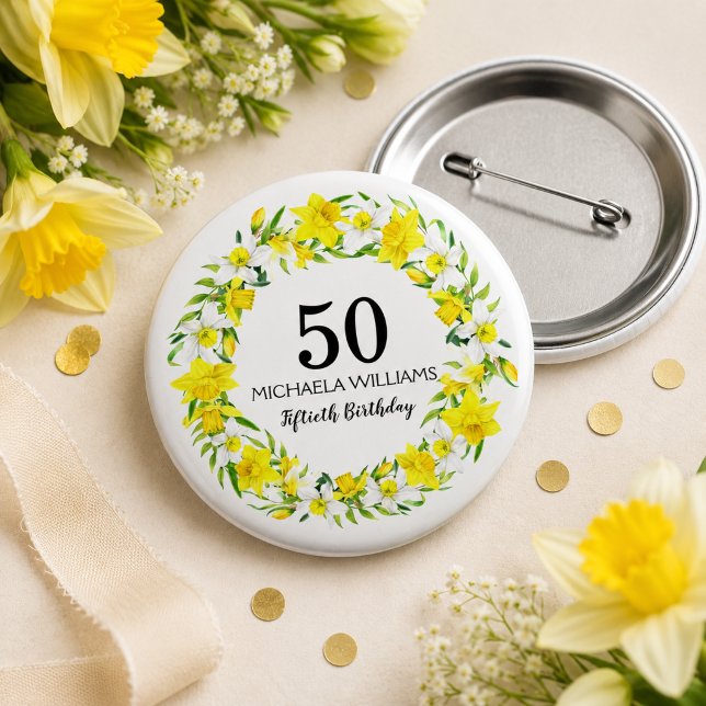 Yellow Daffodil Personalized Fiftieth Birthday 1 Inch Round Button (Add Name / edit text to personalize.  Matching items available.)