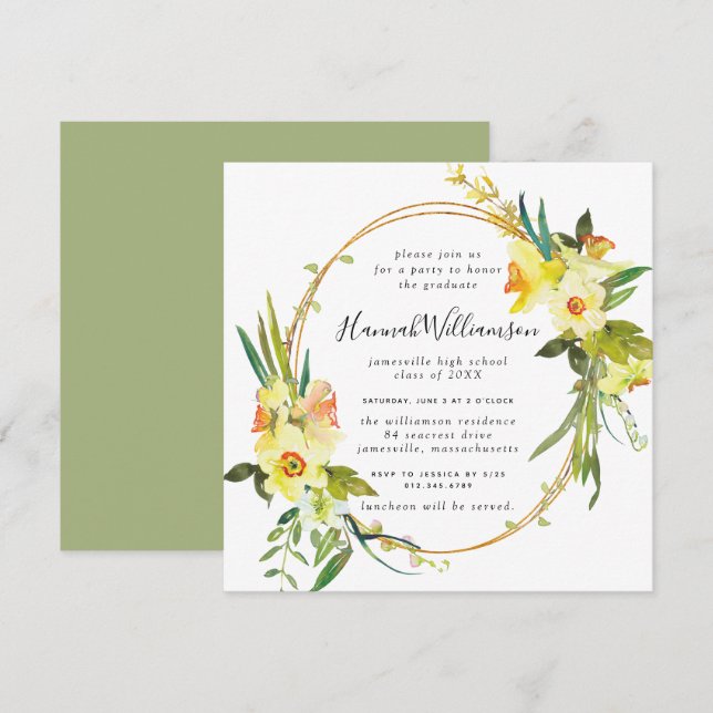 Yellow Daffodil Square Graduation Invitation (Front/Back)