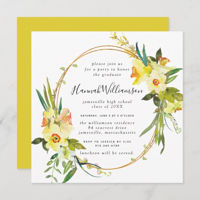 Yellow Daffodil Square Graduation Invitation (Front/Back)