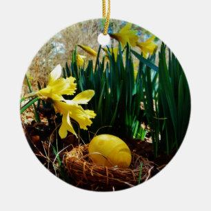 Yellow Daffodils and a Yellow Easter egg Ceramic Ornament