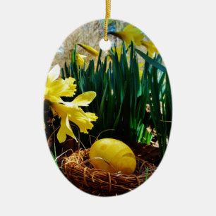 Yellow Daffodils and a Yellow Easter egg Ceramic Ornament