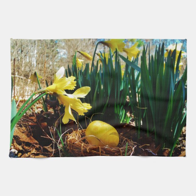 Yellow Daffodils and a Yellow Easter egg Kitchen Towel (Horizontal)