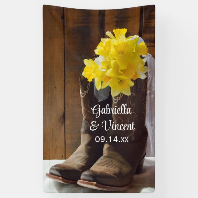 Yellow Daffodils and Cowboy Boots Western Wedding Banner (Vertical)